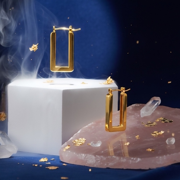 🆕️Dainty Gold Rectangle Drop Earrings - 18K Plated 316L Minimalist Chic 💫 - Picture 6 of 12